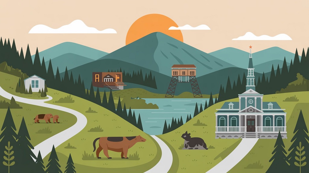 Illustration of Black Mountain, NC attractions with mountains, trails, and local landmarks, representing a guide to unforgettable things to do.