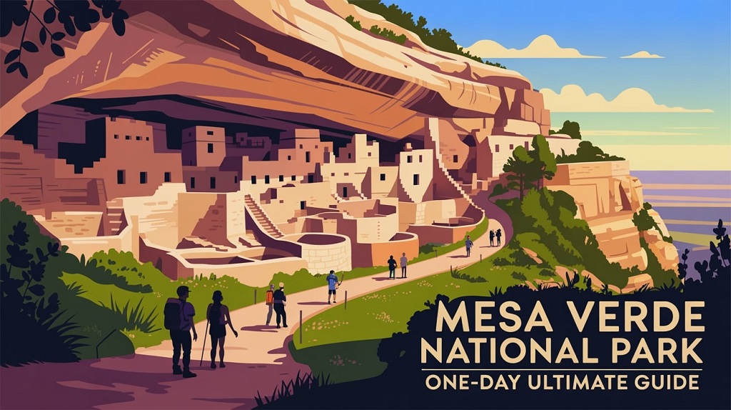 Scenic view of cliff dwellings at Mesa Verde National Park, highlighting the park’s ancient Ancestral Puebloan structures and rocky landscape, for a one-day travel guide.
