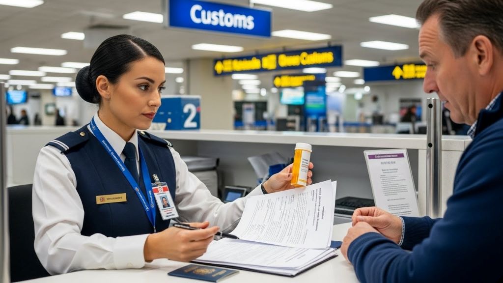 Airport customs officer reviewing prescription medication documentation and doctor's letter from international traveler