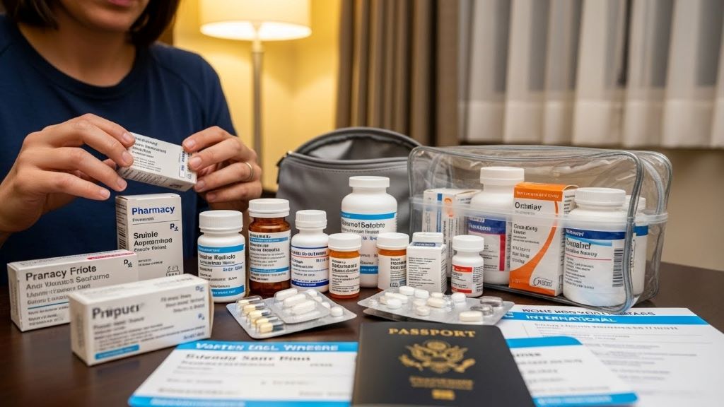 Traveler organizing prescription medications in original pharmacy containers for international flight
