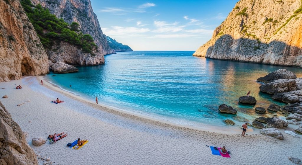 Turquoise waters of Gjipe Beach Albania framed by towering limestone cliffs with few visitors on pristine sand