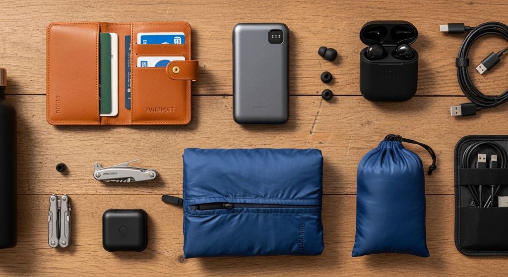 Flat lay of practical gift ideas for him including a power bank, travel wallet, noise-canceling earbuds, and a packable jacket on a wooden surface