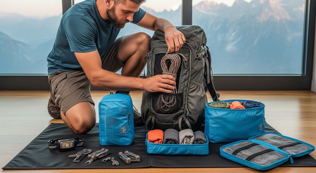 An adventurous man packing unique travel gear including a headlamp, multi-tool, and packing cubes into a backpack before a hiking trip