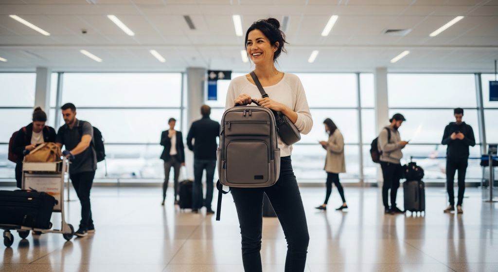 A smiling woman traveler holding a stylish anti-theft backpack at an airport, ready for her next adventure