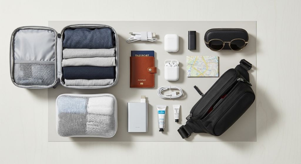 A neatly organized travel flat lay showing packing cubes, a passport holder, earbuds, and a compact bag on a light background