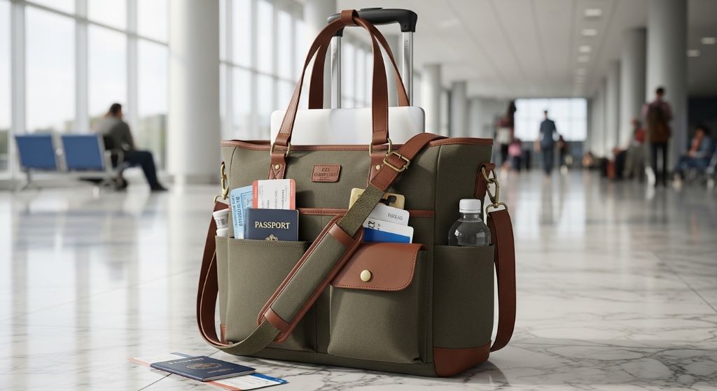 Stylish carry-on tote with laptop sleeve and organized pockets for airport travel