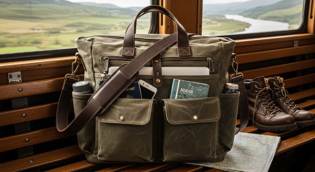 Durable travel tote bag with multiple compartments and shoulder strap for modern travelers