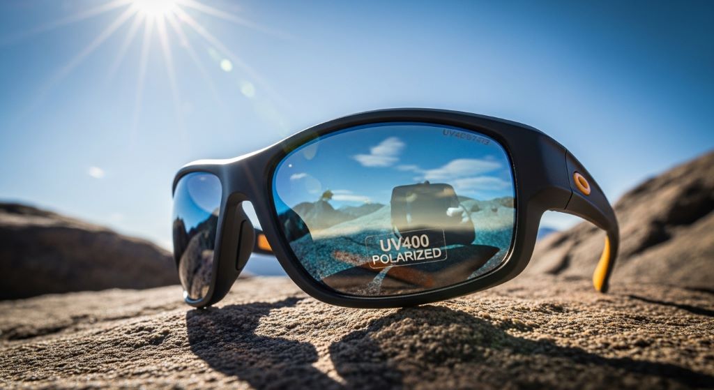 Close-up of men's eye safety sunglasses with UV400 polarized lenses resting on a rocky outdoor surface in bright sunlight