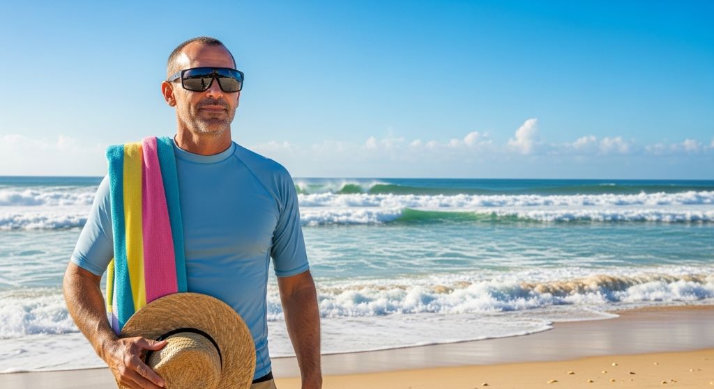 Man wearing wraparound UV protection sunglasses on a sunny beach with ocean waves in the background, part of his beach sun gear