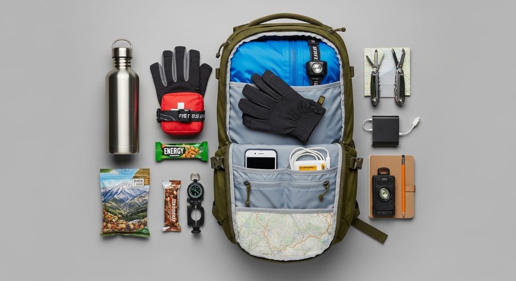 Flat lay of an open compact hiking backpack with organized compartments, water bottle, rain jacket, and trail snacks arranged beside it