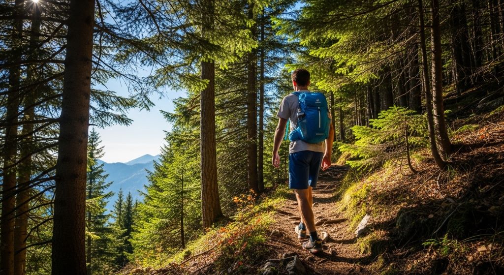 A solo hiker wearing a lightweight budget backpack walking along a forested mountain trail on a sunny day