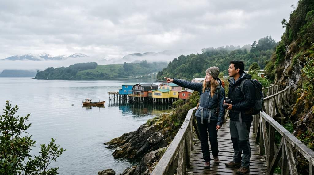 Travelers exploring remote Chile islands with dramatic coastal scenery and mountains