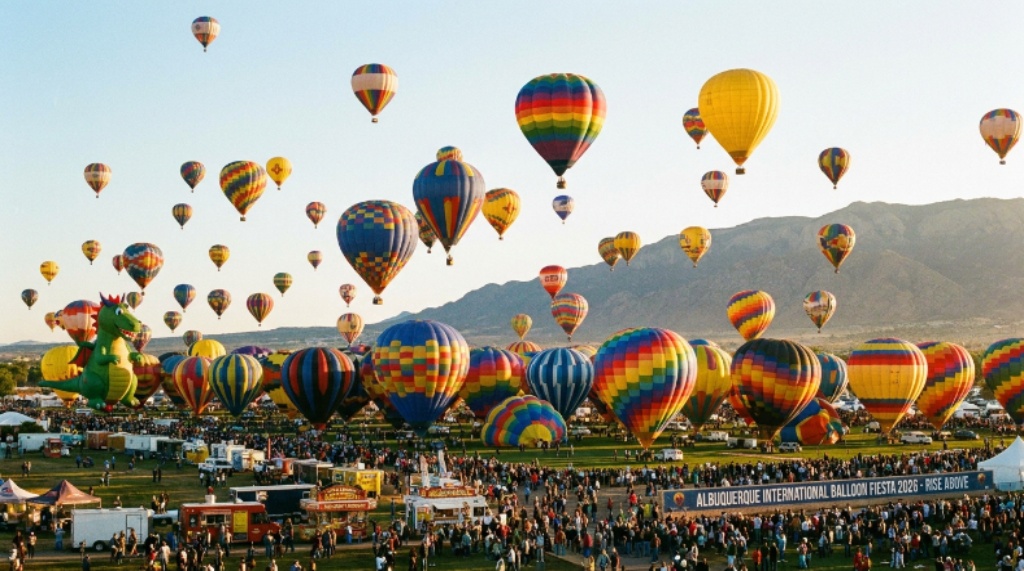 Hundreds of colorful hot air balloons rising over Balloon Fiesta Park at sunrise in Albuquerque, New Mexico during the 2026 International Balloon Fiesta