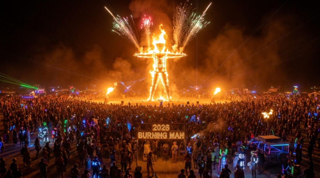 Tens of thousands of participants gather around the Man effigy at night during Burning Man 2026 in the Black Rock Desert, Nevada, with fire and light art illuminating the sky