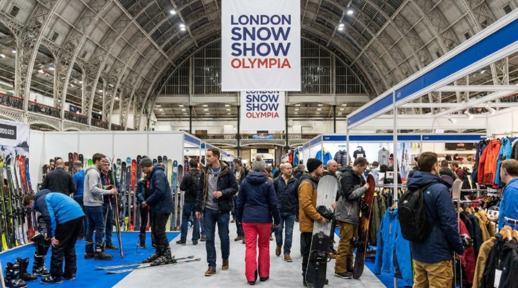 Skiers and snowboarders exploring gear at London Snow Show Olympia