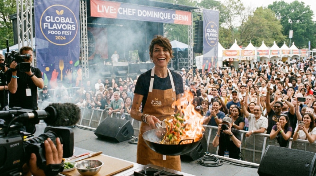 A professional chef conducting a live culinary cooking demonstration on a stage for an audience at a food festival