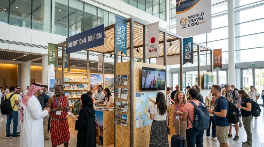A bustling international tourism booth filled with travel brochures and destination banners at a modern expo center