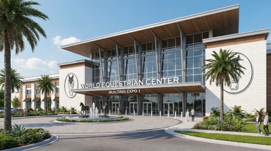 The modern grand entrance of Building Expo 1 at the World Equestrian Center complex in Ocala Florida