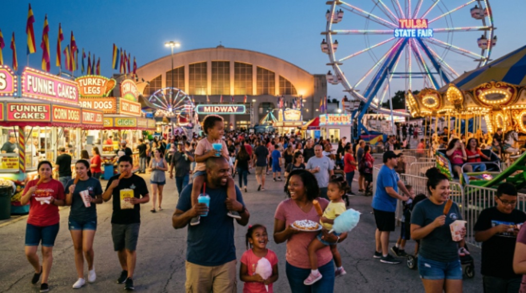 Families enjoying rides and food at Tulsa State Fair at Expo Square Tulsa Oklahoma