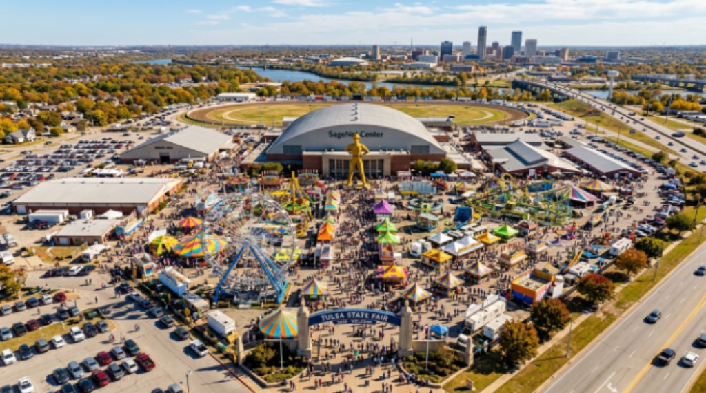 Tulsa State Fair 2026 aerial view of Expo Square fairgrounds during October event