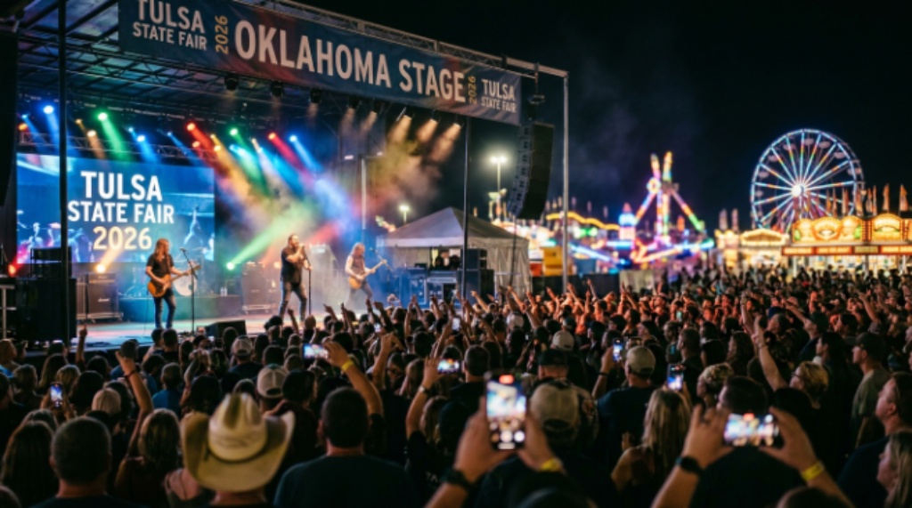 Live concert performance at Tulsa State Fair 2026 Oklahoma Stage at night