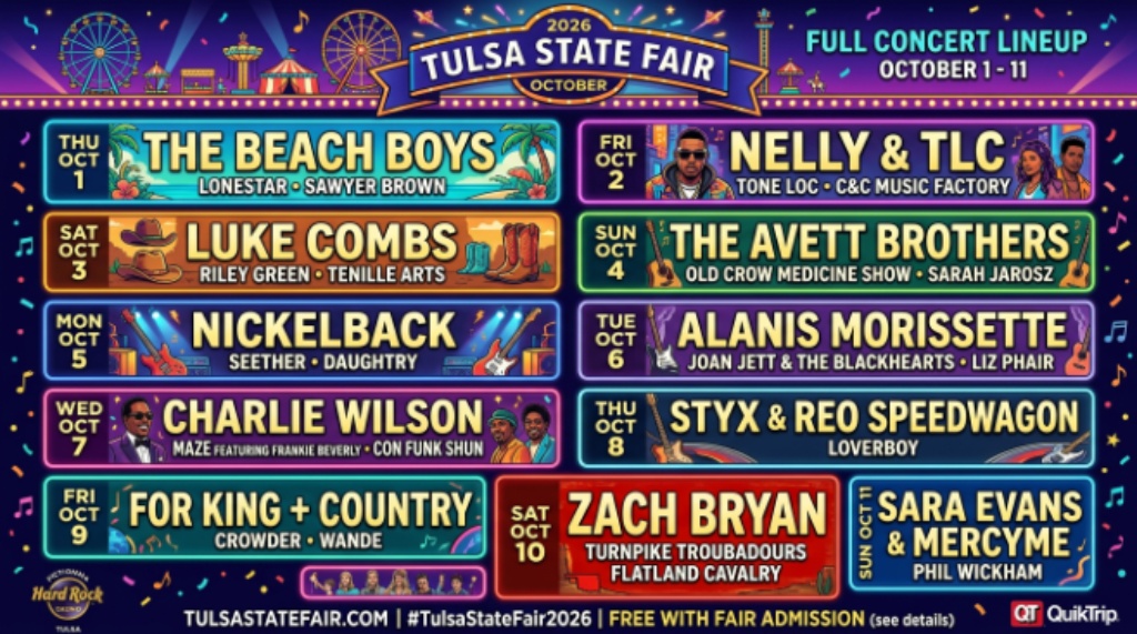 Full concert lineup poster for Tulsa State Fair October 2026