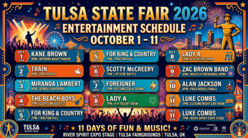 Tulsa State Fair 2026 entertainment schedule banner showing October 1 to 11 dates