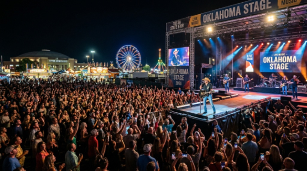 Live country music performance on the Oklahoma Stage at the Tulsa State Fair 2026 with a large crowd of fair visitors watching the free concert at Expo Square