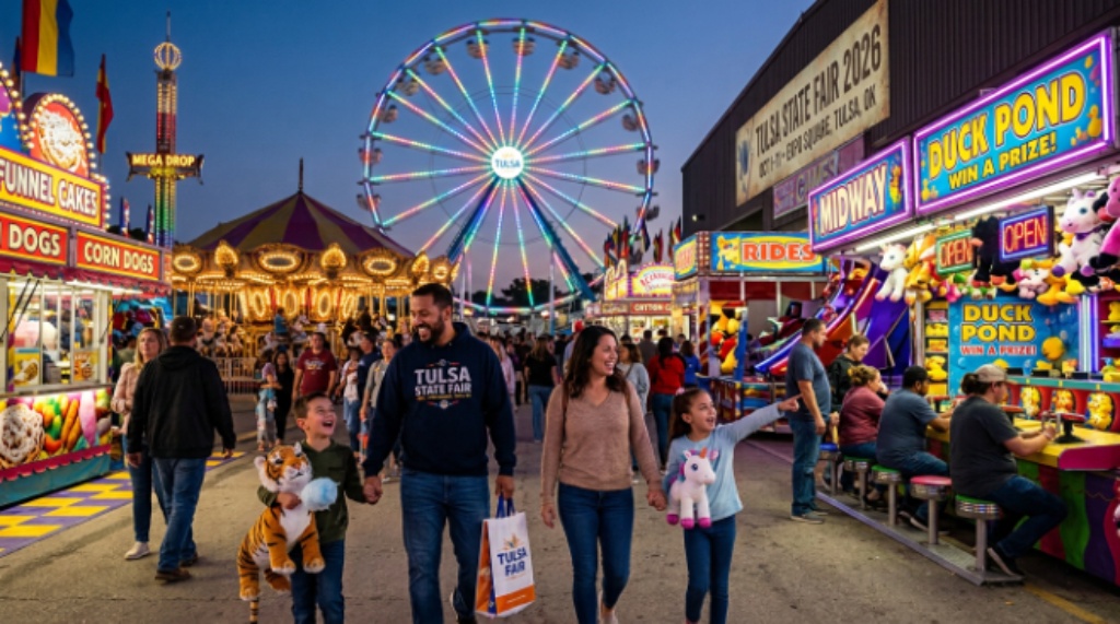 Families enjoying the Midway rides and carnival games at the Tulsa State Fair 2026 at Expo Square in Tulsa, Oklahoma during the 11-day October event