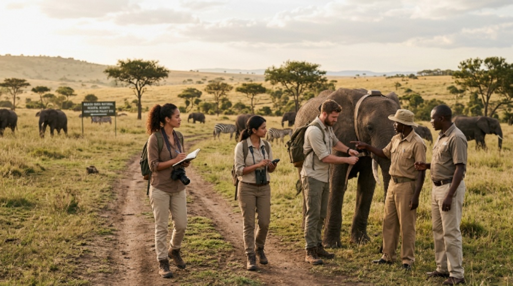 Travelers exploring wildlife conservation and natural habitats
