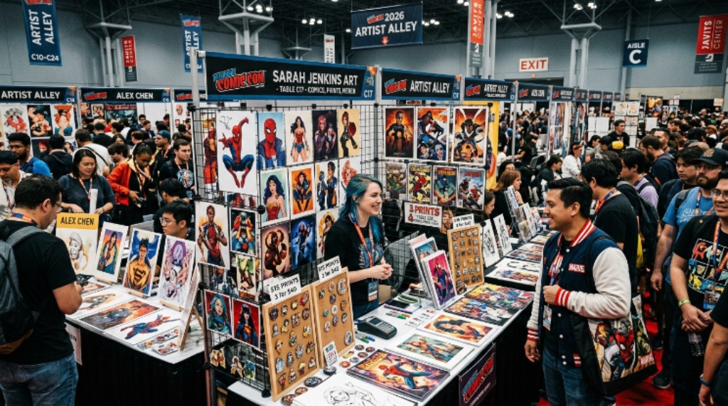 Artist Alley tables filled with comic art prints and merchandise at New York Comic Con 2026