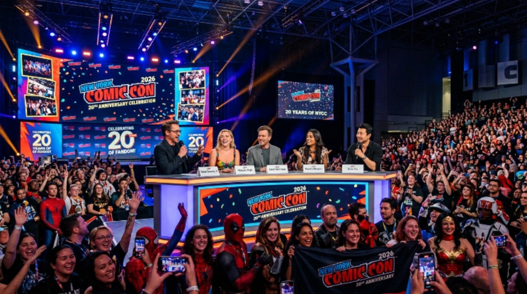 NYCC 2026 panel stage with celebrities and fans at the 20th anniversary celebration
