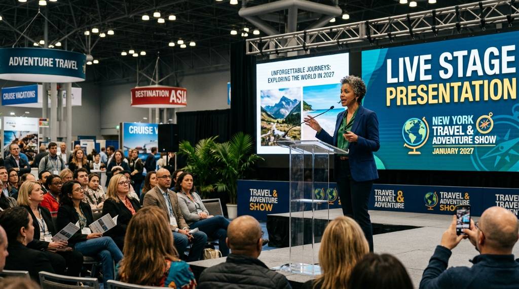 Live stage presentation at the New York Travel and Adventure Show in January 2027