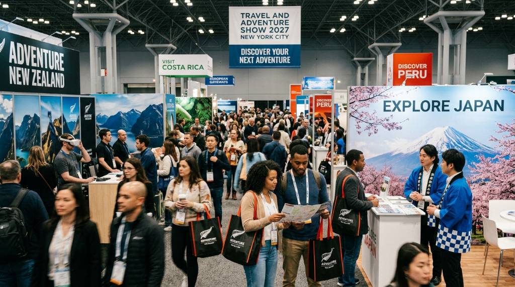 Crowds exploring destination booths at the Travel and Adventure Show 2027 in New York City