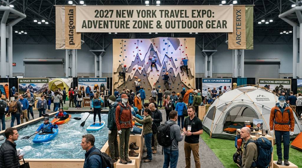 Adventure zone activities and outdoor gear displays at the 2027 New York travel expo